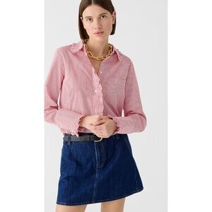 NEW J Crew Ruffle-trim button-up shirt in striped cotton poplin